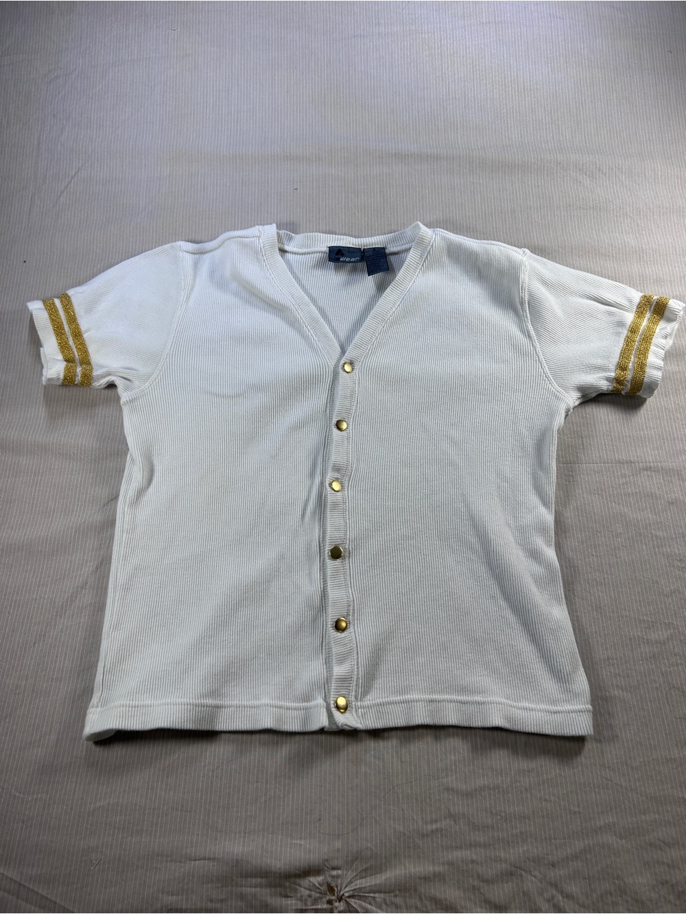 Vintage Liz Claiborne White Short-Sleeve Cardigan with Gold Stripe Detail